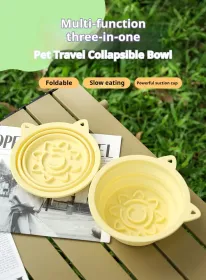 3-in-1 Pet Travel Collapsible Bowl Foldable Slow-Feeder With Strong Suction Cups  Portable Silicone Dog Bowl With Hook For Hanging On Collar/Back (Option: Yellow-650ml)